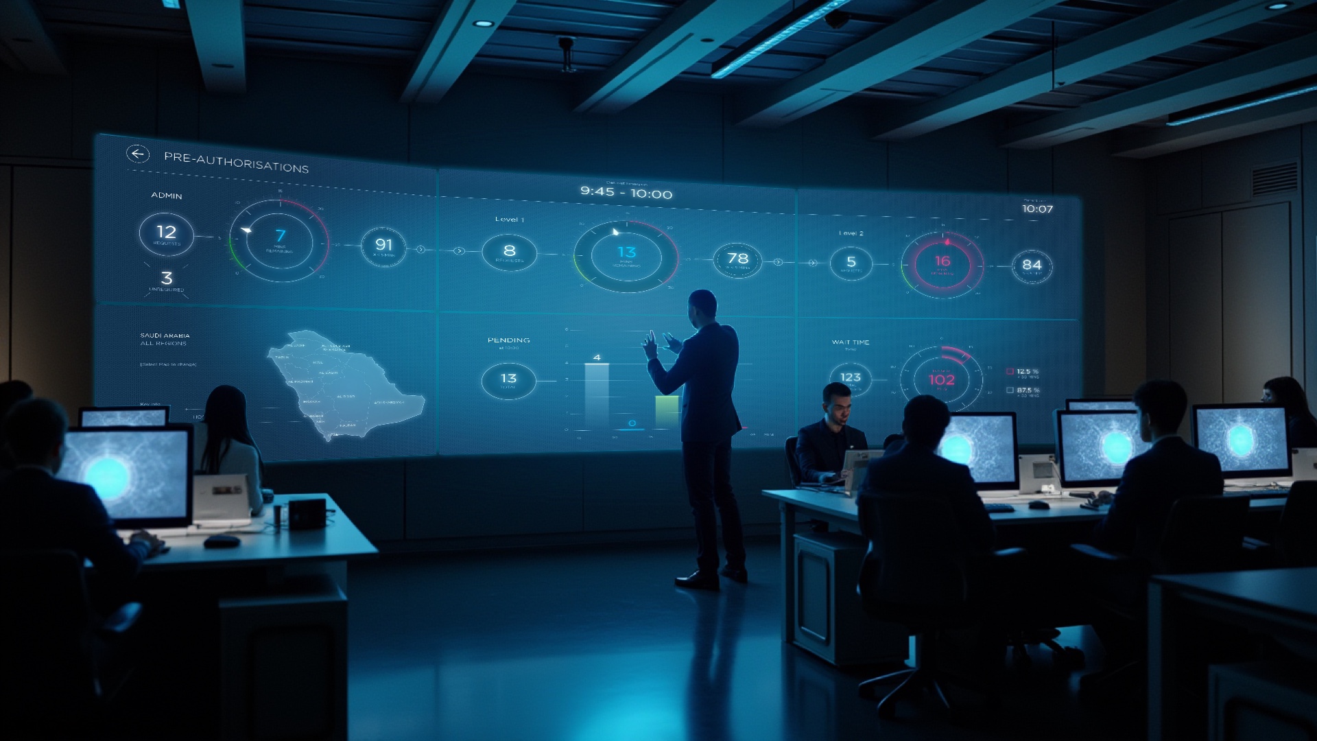 a giant screen in a customer success centre, showing dials, graphs and digits