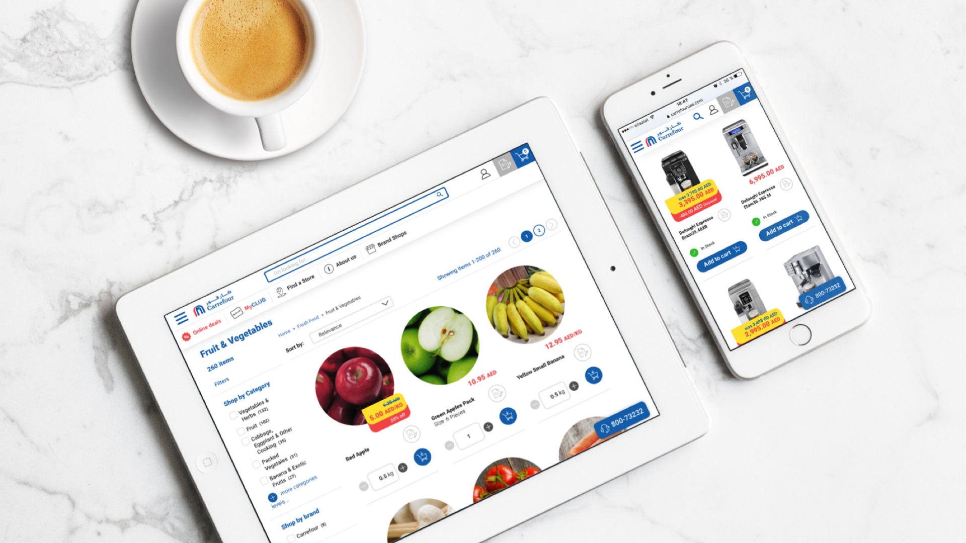 A tablet and a mobile phone on a table, showing 2 screens of an ecommerce website