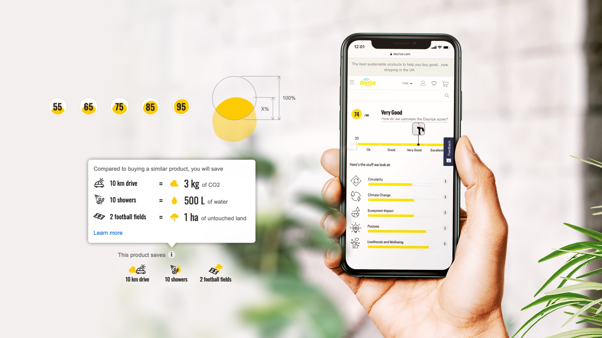 a mobile phone showing an ecommerce page and product sustainability score
