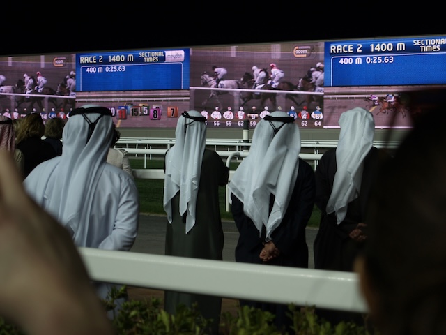 Emirati watching a horse race at night